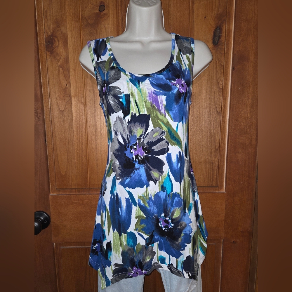 Floral Scoop Neck Tunic Tank‎ Top - Blue Multi